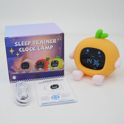 Creative Fruit Alarm Clock Night Light with Original Silicone Phone Holder, Bedside Ambient Lamp with Color Changing Timer